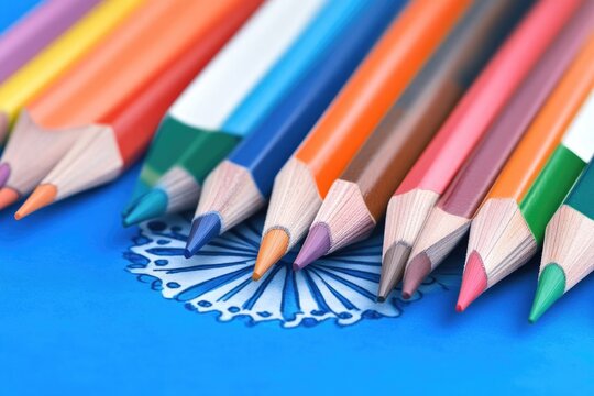 A collection of colorful pencils arranged neatly on a blue background