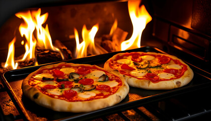 wood-fired pizza, rustic brick oven, flames, glowing embers, artisanal pizzas, melted cheese, pepperoni, fresh basil, tomato sauce, crispy crust, authentic Italian cooking, warm lighting, traditional 