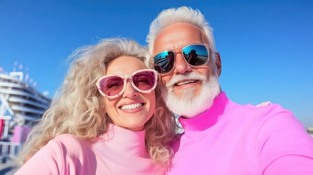 A happy older couple wearing matching pink outfits and sunglasses, smiling under a bright blue sky with a cruise ship in the background.