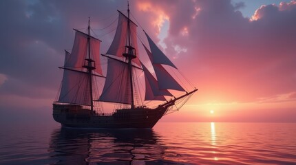 Obraz premium A majestic sailing ship glides across the ocean at sunset, its white sails catching the last rays of the sun. The sky is ablaze with vibrant hues of pink and orange, creating a breathtaking scene.