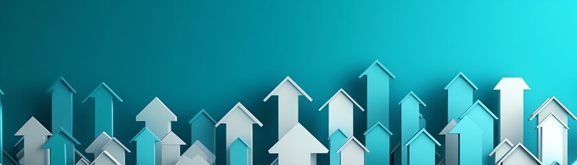 Real estate market expansion concept with upward arrows, teal background, growth, property investment, and market development