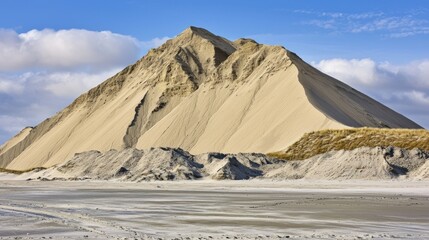 Fototapeta premium Coastal dune landscape, beach sand pile, sunny sky, environmental impact