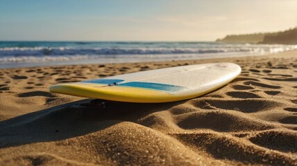 Obraz premium A Yellow Surfboard Resting on the Warm Sandy Shore with Gentle Ocean Waves and Scenic Hills in the Background, Evoking a Perfect Day for Surfing