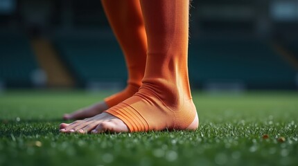 Close-up of a person's feet in bright orange socks on a lush green field. The warm tones contrast beautifully with the cool green.