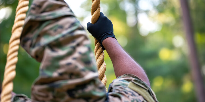 Person in Camouflage Uniform Climbing Rope - Powered by Adobe