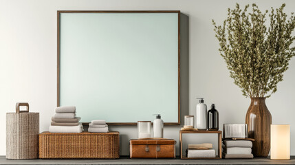 Stylish bathroom decor with natural elements and organized accessories