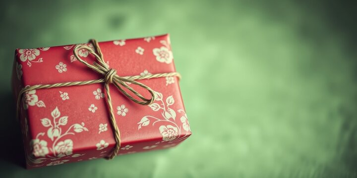 A small red gift box with a floral pattern tied with twine on a green background