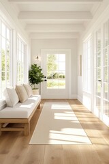 Fototapeta premium A bright farmhouse hallway with large windows. It features a wooden bench with cushions and a potted plant, illuminated by natural light.