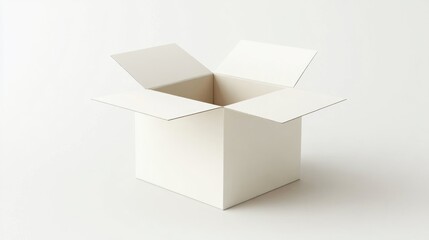Empty white cardboard box open on white background; packaging mockup