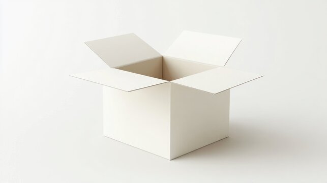 Empty white cardboard box open on white background; packaging mockup