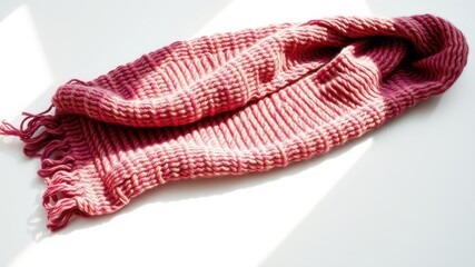 Soft Pink Knitted Scarf Draped on White Background in Sunlight