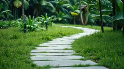 Serene stone pathway meanders through lush green lawn, illuminated by elegant garden lights