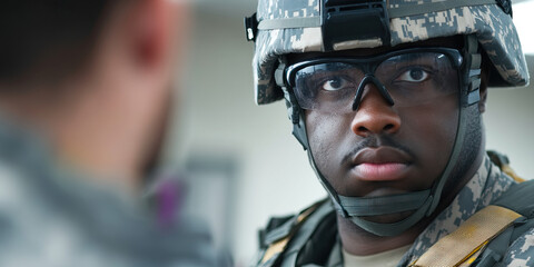 Portrait of a Soldier in Camouflage Uniform and Helmet