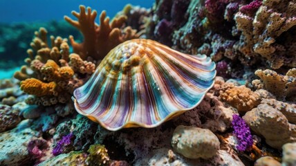 A Vibrant and Colorful Seashell Nestled Amongst Coral Reefs, Capturing the Essence of Marine Biodiversity and Underwater Beauty in a Picturesque Aquatic