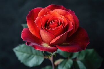 A detailed shot of a vibrant red rose with lush green leaves