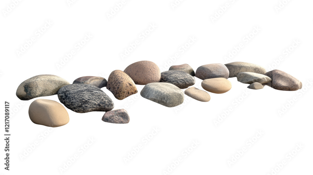 Leinwandbilder the image shows a diverse group of smooth river rocks arranged in a loose row against a black backgr