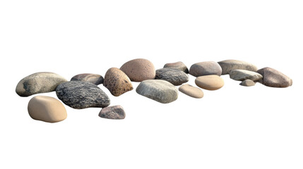 The image shows a diverse group of smooth river rocks arranged in a loose row against a black background.