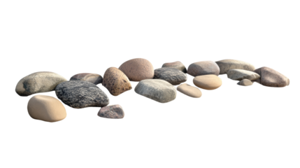 The image shows a diverse group of smooth river rocks arranged in a loose row against a black background.