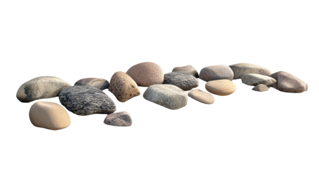 The image shows a diverse group of smooth river rocks arranged in a loose row against a black background.