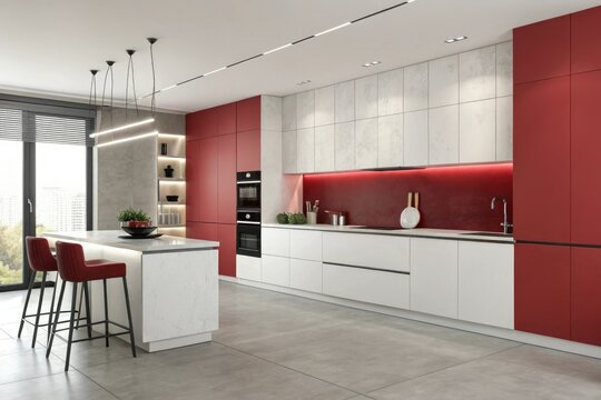 Gradient red accent wall in a chic and modern kitchen, contemporary, elegant ambiance
