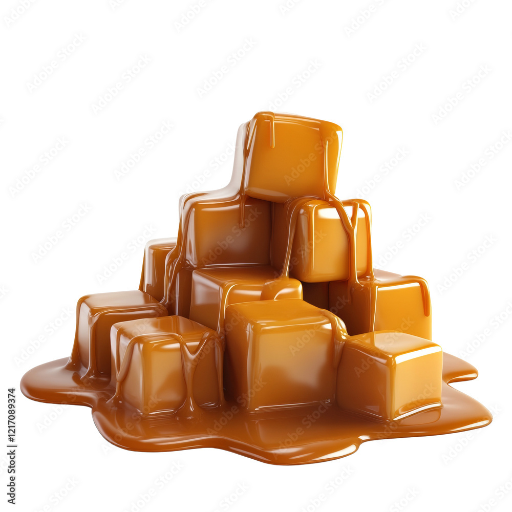 Poster a tempting pile of melted caramel cubes with glossy drips and a pool of liquid caramel.