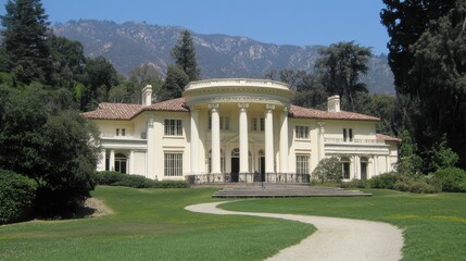 Elegant White Mansion Nestled Among Lush Green Greenery and Mountains