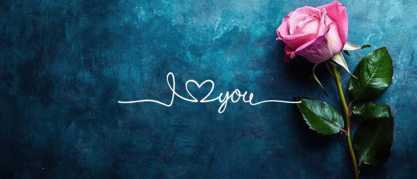 Pink rose on a classic blue textured background with the inscription I love you Valentines Day, wedding, love, romance concept Copy space