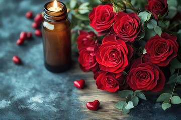 A bouquet of red roses sits next to a bottle of essential oil, perfect for a spa or wellness theme