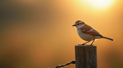 A small brown and white bird perches on a wooden post at sunset, silhouetted against the warm golden light. The tranquil scene evokes a sense of peace and serenity.