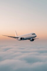 A plane soars above fluffy clouds against a serene sunset sky, embodying a peaceful travel concept with a cinematic feel.