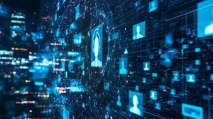 Glowing blue and white social media icons on grid of digital screens,connect with people online