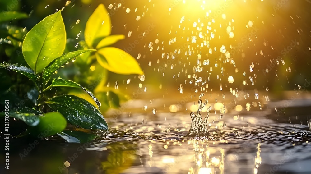 Poster close-up of water droplets splashing on calm surface surrounded by lush green leaves with golden sun
