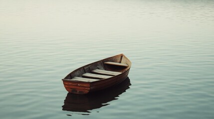 Serene wooden boat floating on calm water at dusk, surrounded by tranquil nature