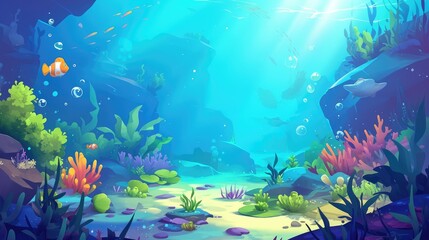 A vibrant underwater scene filled with colorful corals, fish, and bubbles.