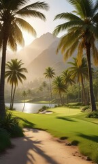 Fototapeta premium Golden sunlight filters through the leaves of swaying palm trees on a picturesque golf course, with lush green fairways and a distant snow-capped mountain , landscape, natural-light, idyllic-scene