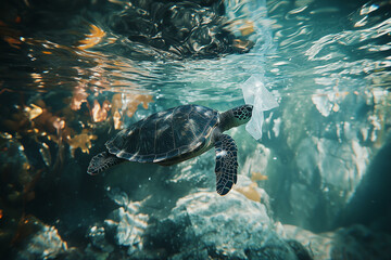 Obraz premium Turtle eat plastic in ocean. Sea animal swallow garbage, marine wildlife threatened by pollution and plastic waste