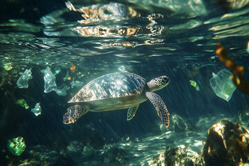 Fototapeta premium Sea turtle in plastic bag. Ocean pollution concept with marine animal in garbage, underwater wildlife conservation and plastic waste problem