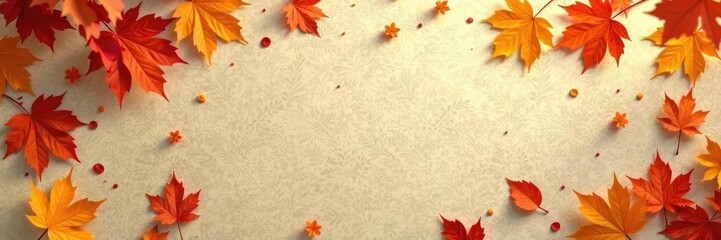 Fototapeta premium Golden hue autumn leaves scattered on beige oriental fabric, oriental, texture