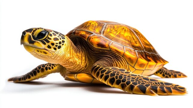 A vibrant turtle with a beautifully patterned shell glides gracefully across a white background, showcasing its unique features and colors.