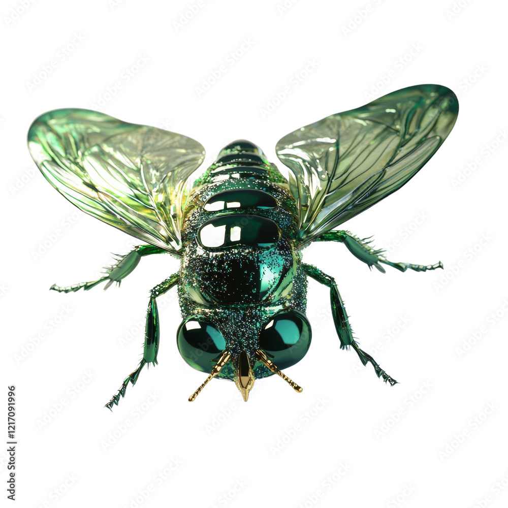 Poster a digitally rendered image showcases a stylized green metallic bee with transparent wings and gold a