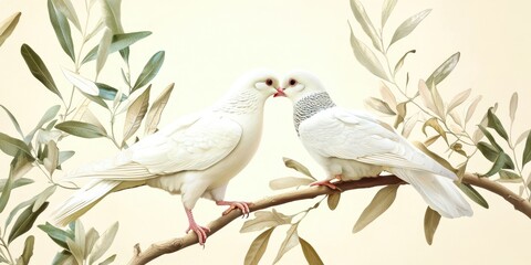 Obraz premium Two white birds are sitting on a branch