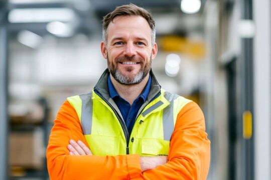 Smiling worker in safety gear stands confidently with arms crossed in industrial warehouse