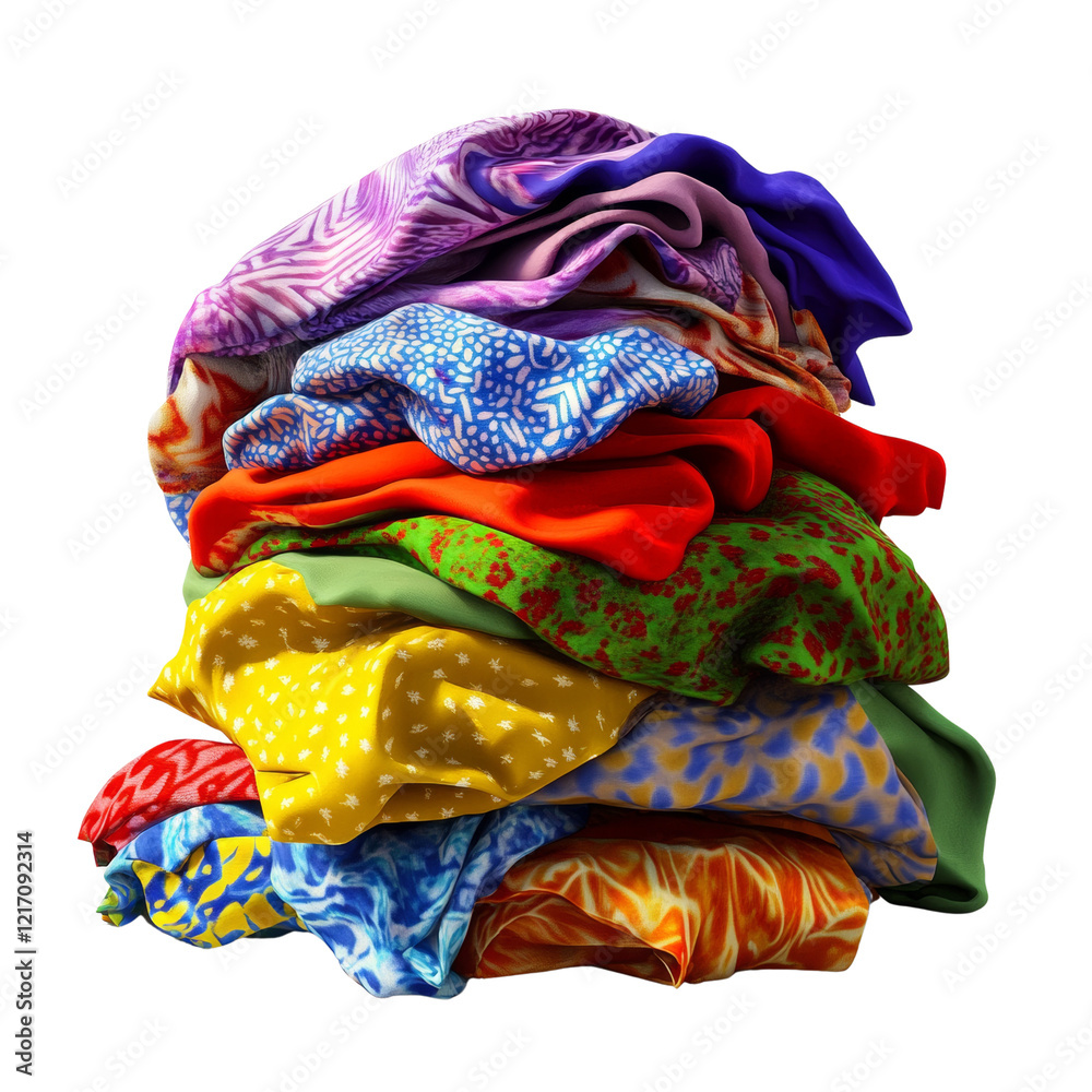 Poster A visually appealing stack of various colorful patterned fabrics is shown against a black background.