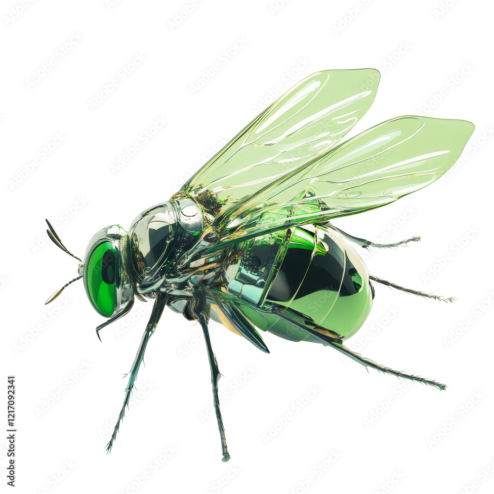 Poster A digital 3D rendering showcases a detailed model of a robotic fly with a metallic green body and transparent wings.