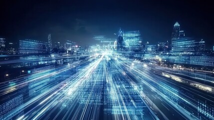 Fototapeta premium Futuristic Cityscape with Data Streams Flowing Through Streets