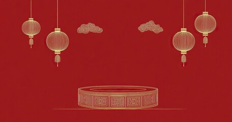 Fototapeta premium Red background, red and gold color scheme, minimalist stage design style, Chinese New Year atmosphere with lanterns hanging on the wall behind a circular podium.