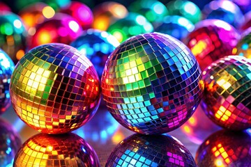 Obraz premium Sparkling Disco Balls Party Decorations: Colorful Reflections on Transparent Background