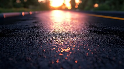 Wet asphalt road at sunset, blurred background trees