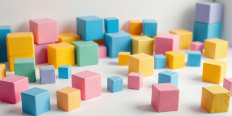 Pastel-colored cube blocks scattered on a white surface, a playful arrangement of colorful building blocks