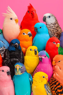 Groupe d'oiseaux exotiques color&eacute;s sur fond rose